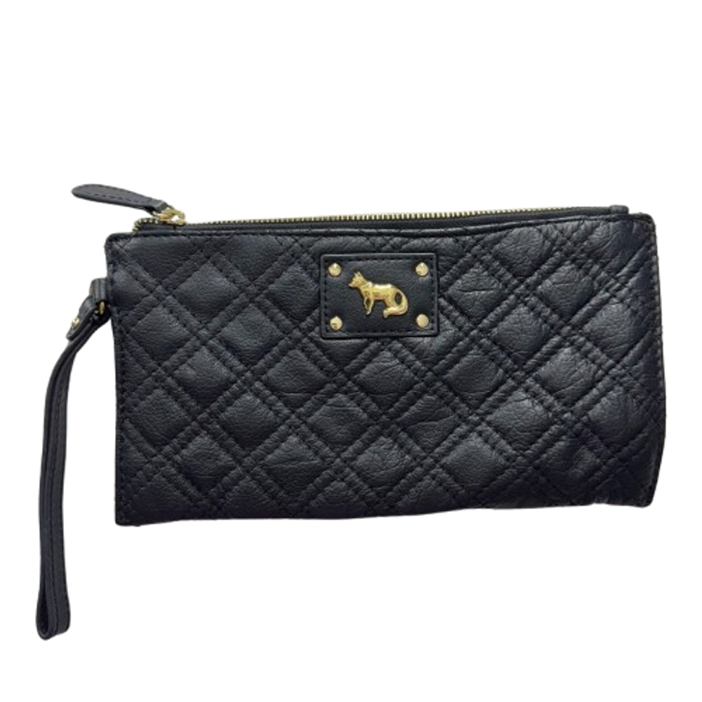 Emma Fox Womens Quilted Wristlet Clutch Wallet Black Gold Logo Designer Luxury